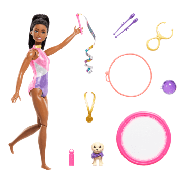 Muñeca Gimnasta Barbie 'Brooklyn' Y Conjunto De Juego Con Muñeca De Moda, Cachorro, Trampolín Y Accesorios