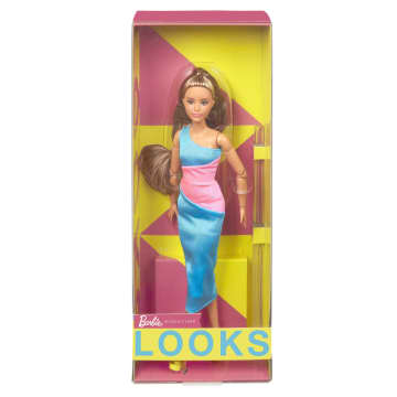 Barbie Looks Κούκλα, Καστανομάλλα, Μidi Φόρεμα Με Έναν Ώμο Και Έντονα Χρώματα