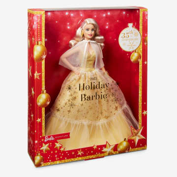Barbie-Barbie Joyeux Noël 2023-Poupée Robe Dorée Et Cheveux Blonds - Imagen 8 de 9