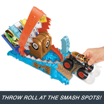 Hot Wheels Monster Trucks Arena Smashers Treasure Chomp Challenge Playset With 1:64 Scale Tiger Shark Toy Truck & Crushed Car