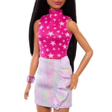 Siyah Düz Saçları Olan, Işıltılı Etek Giymiş Barbie Fashionistas Bebek, 65. Yıl Dönümü