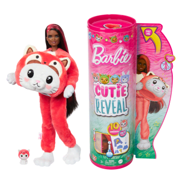 Barbie Cutie Reveal Şirin Kostümler Serisi; Bebek Ve 10 Sürpriz Aksesuar, Kırmızı Panda Kostümlü Kedicik