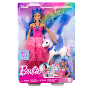 Barbie, 65. Yıla Özel, Mavi Saçlı, Pembe Elbiseli Bebek Ile Hayvan Dostu Kanatlı Tekboynuz
