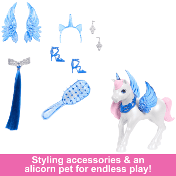 Barbie Unicorn Toy, 65th Anniversary Doll with Blue Hair, Pink Gown & Pet Alicorn