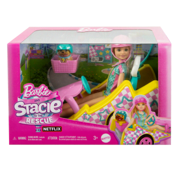 Barbie Stacie Racepop Met Go-Kart Speelgoedauto, Hond, Accessoires, En Stickervel