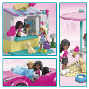 Mega Barbie - Zestaw Do Budowania Samochodów Barbie, Kabriolet I Stojak Na Lody Z 225 Elementami, 2 Mikrolalkami I Akcesoriami