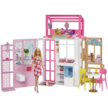 Barbie Casa Delle Bambole Con Bambola, 2 Piani E 4 Aree Gioco, Completamente Arredata, Dai 3 Ai 7 Anni - Image 1 of 8