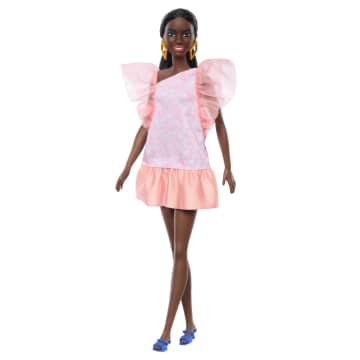 Muñeca Barbie Fashionistas N. 216 Con Cuerpo Alto, Cabello Recto Negro Y Vestido Melocotón, 65. Aniversario