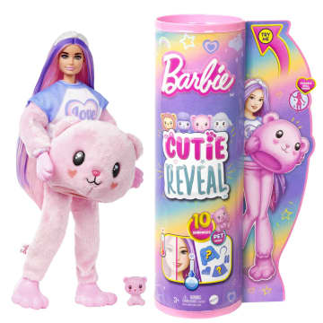 Barbie Cutie Reveal Puppe und Accessoires, Teddybär der Cozy Cute Serie in Love“ T-Shirt, pinke Haare mit violetten Strähnen und braune Augen