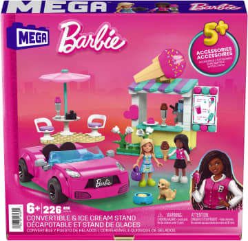 Mega Barbie - Zestaw Do Budowania Samochodów Barbie, Kabriolet I Stojak Na Lody Z 225 Elementami, 2 Mikrolalkami I Akcesoriami