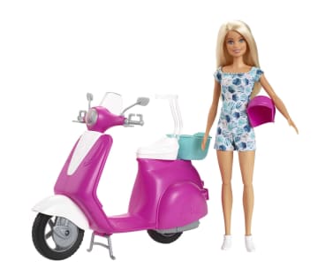 Barbie Doll, Blonde, and Pink and White Scooter with Kickstand and Teal Basket