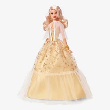 Barbie-Barbie Joyeux Noël 2023-Poupée Robe Dorée Et Cheveux Blonds - Imagen 2 de 9