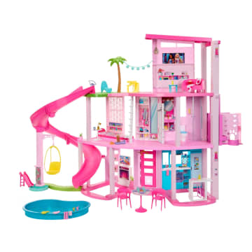 Barbie Droomhuis, Zwembadfeestje Poppenhuis met meer dan 75 onderdelen en een glijbaan over 3 verdiepingen, Barbie Huis Speelset, huisdierlift en puppyspeelplekken