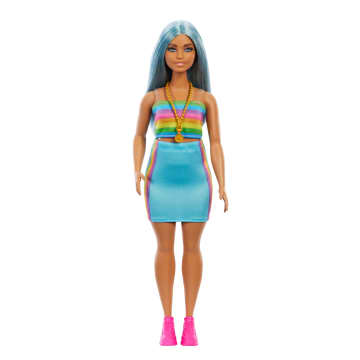Gökkuşağı Renklerinde Bluz Ve Camgöbeği Etek Giymiş, Mavi Saçlı Barbie Fashionistas Bebekleri - Mavi Saçlı & Renkli Etekli, 65. Yıl Dönümü
