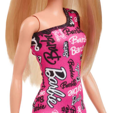 Bambola Barbie Con Capelli Biondi Lisci, Abito Rosa E Scarpe Con Stampa Del Logo Rimovibili