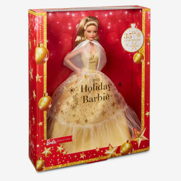 Barbie-Barbie Joyeux Noël 2023-Poupée Robe Dorée Et Cheveux Châtains