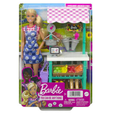 Barbie Farmers Market Playset, Barbie Doll (Blonde), Market Stand, Register, Vegetables, Bread, Flowers & More, 3 & Up