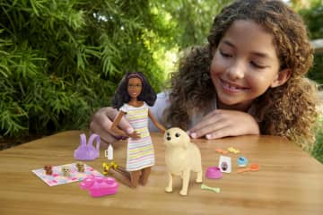 Barbie Doll Newborn Pups Playset With Brunette Doll, Mommy Dog, 3 Puppies, Kids Toys