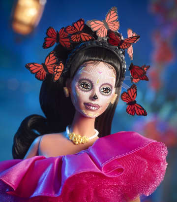 2023 Día De Muertos Barbie Doll Wearing Ruffled Pink Gown And Holding Tiny Ofrenda, Barbie Signature