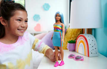 Barbie Fashionistas Doll #218 With Blue Hair, Rainbow Top & Teal Skirt, 65th Anniversary - Image 2 of 6