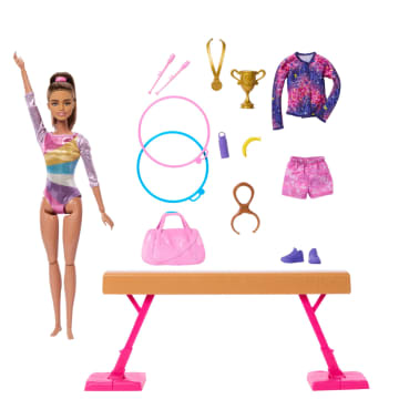 Barbie Coffret de Jeu Gymnaste, Poupée Mode, Brunette, 10Accessoires