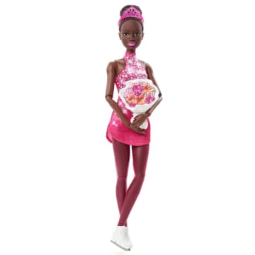 Barbie Winter Sports Ice Skater Brunette Doll With Pink Dress, Jacket, Rose Bouquet, & Trophy, 3 & Up