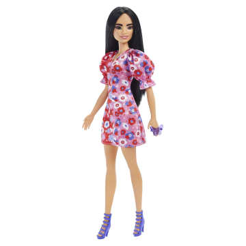 Barbie Fashionistas Doll #177 With Black Hair In Floral Dress & Strappy Heels