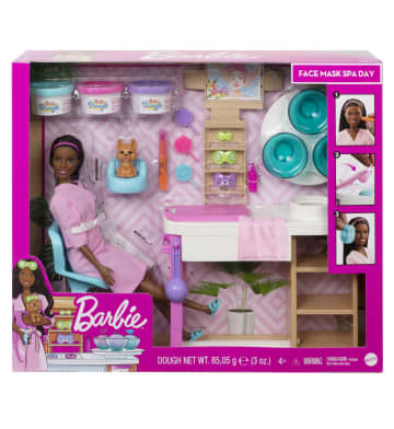 Barbie Face Mask Spa Day Playset, Brunette Barbie Doll, Puppy, Molding Toy & Dough Doll Playset