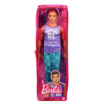 Barbie Ken Fashionistas Doll #165 With Sculpted Brown Hair Wearing Purple “Malibu” Top, Blue Starred Joggers & White Shoes