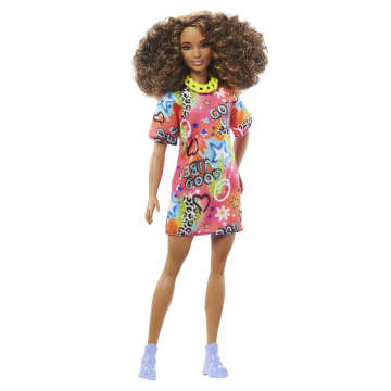 Barbie Fashionistas Doll #201, Athletic Body With Curly Brown Hair, Graffiti Dress And Accessories