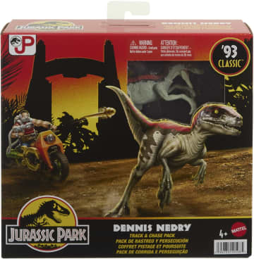 Jurassic Park ’93 Classic Dennis Nedry Action Figure, Motorcycle & Dinosaur Toy Set, 3.75-in Scale