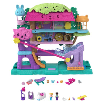Polly Pocket Doll House Pet Adventure Treehouse, 2 Micro Dolls, 4 Pets And Car