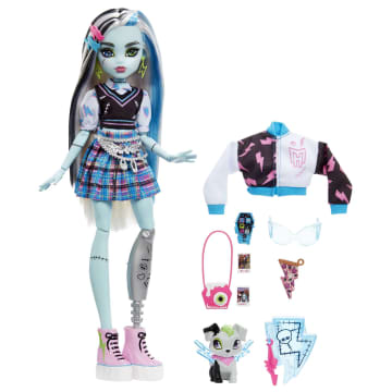 Monster High-Frankie Stein-Poupée Avec Animal, Cheveux Noirs et Bleus