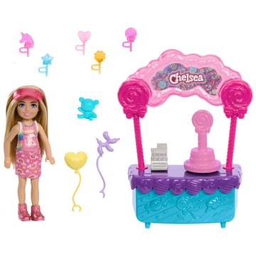 Barbie  Poupée Chelsea et Kiosque à Sucettes et Bonbons, 10Éléments