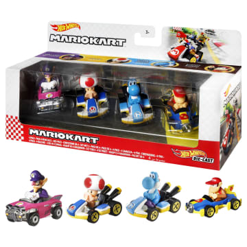 Hot Wheels Mario Kart Vehículo de Juguete Paquete de 4 con Diddy Kong, Waluigi, Toad y Yoshi azul - Image 1 of 6