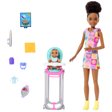 Barbie Skipper Babysitters inc & Playset, includes Doll, Baby, And Mealtime Accessories, 10 Piece Set