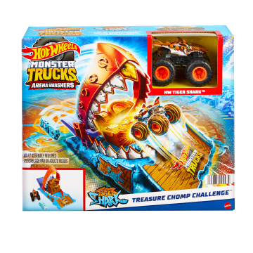 Hot Wheels Monster Trucks Arena Smashers Treasure Chomp Challenge Playset With 1:64 Scale Tiger Shark Toy Truck & Crushed Car