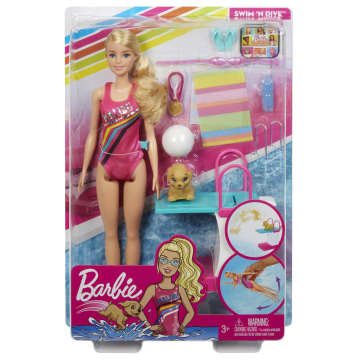 Barbie Dreamhouse Adventures Swim ‘n Dive Doll, 11.5-inch in Swimwear, With Diving Board And Puppy