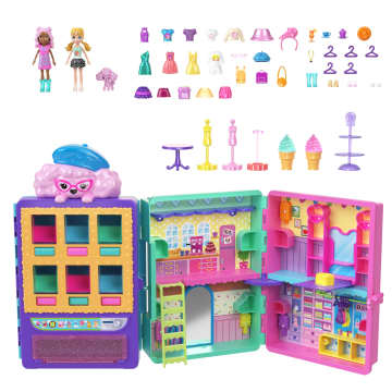 Polly Pocket Candy Style Fashion Drop Playset With 2 Dolls (3-inch), Vending Machine, 35+ Accessories