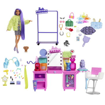 Barbie Extra Doll & Vanity Playset With Exclusive Doll, Pet Puppy, Vanity & 45+ Pieces