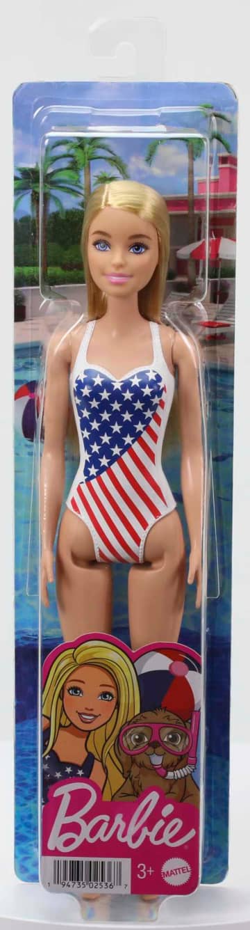 Barbie Flag Beach Barbie Blonde Doll (12 Inches) With Molded Stars & Stripes Swimsuit, 3 & Up