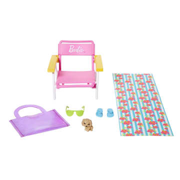 Barbie Accessory Pack, Beach theme, With 6 Pieces Including Pet Puppy