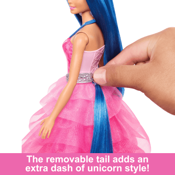 Barbie Unicorn Toy, 65th Anniversary Doll With Blue Hair, Pink Gown & Pet Alicorn - Image 3 of 6