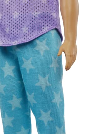 Barbie Ken Fashionistas Doll #165 With Sculpted Brown Hair Wearing Purple “Malibu” Top, Blue Starred Joggers & White Shoes
