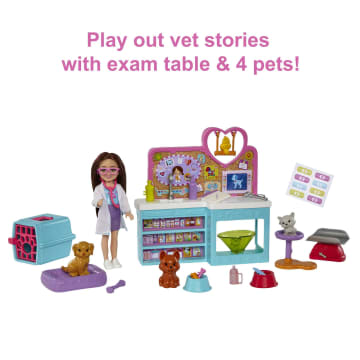 Barbie Doll Chelsea Pet Vet Playset With Doll, 4 Animals And 18 Pieces