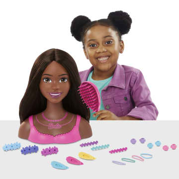 Barbie Doll Styling Head, Brown Hair With 20 Colorful Accessories