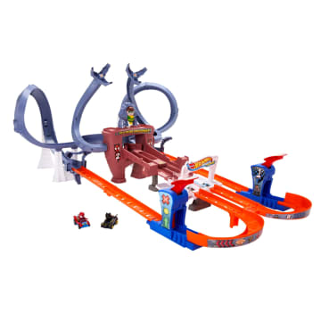 Hot Wheels Racerverse Spider-Man’S Web-Slinging Speedway Track Set With 2 Hot Wheels Racers - Imagem 1 de 6