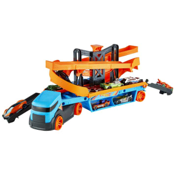 Hot Wheels Lift & Launch Hauler Toy Truck With 10 Cars in 1:64 Scale, Transporter Stores 20 Vehicles