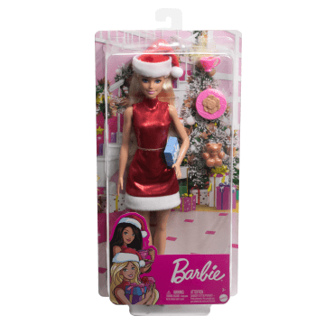 Barbie Santa Doll, Blonde, Dress & Santa Hat, Teddy Bear, Gift, Milk & Cookies