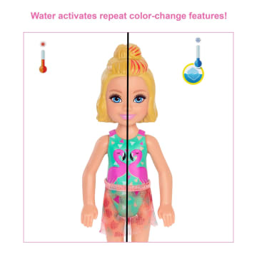 Barbie Chelsea Color Reveal Doll With 6 Surprises, Sand & Sun Series, Marble Blue Color